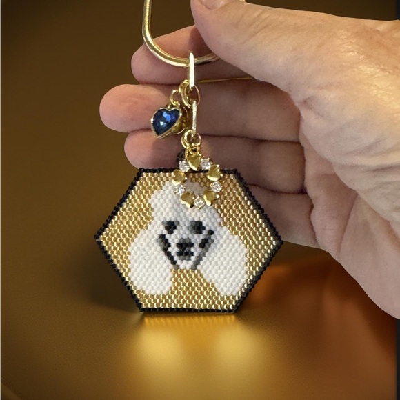 Hand Crafted Beaded White Poodle Face Gold Color Keychain with Charms - Picture 2 of 9